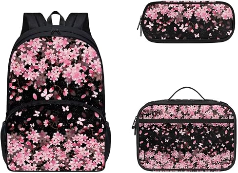 Gomyblomy Cherry Blossom Backpack for Girls Floral School Bookbag Lightweight Backpack Large Capacity Travel Satchel Casual Daypack Students Backpack Set with Lunch Bag Pen Case