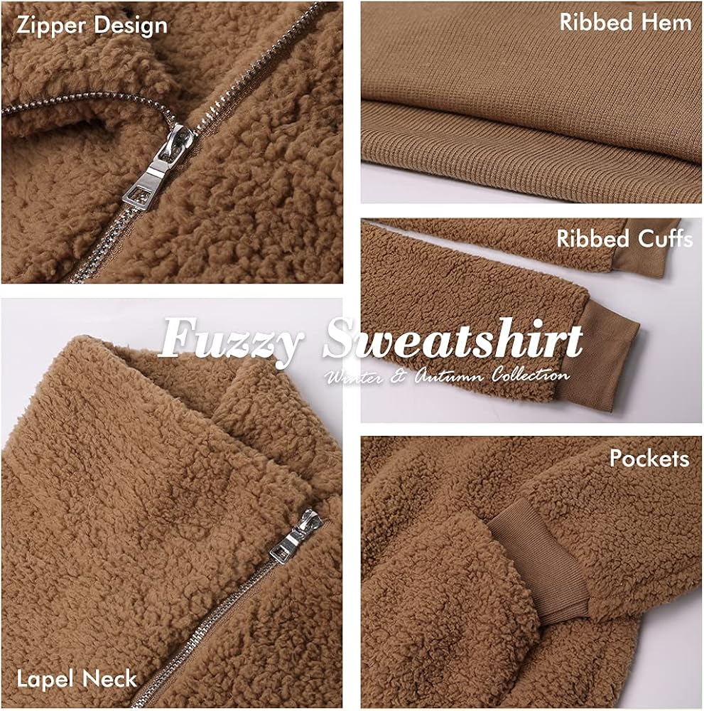 KIRUNDO Women's Lapel Fuzzy Fleece Faux Shearling Zip Warm Sherpa Sweatshirt With Pockets at  Women’s Clothing store