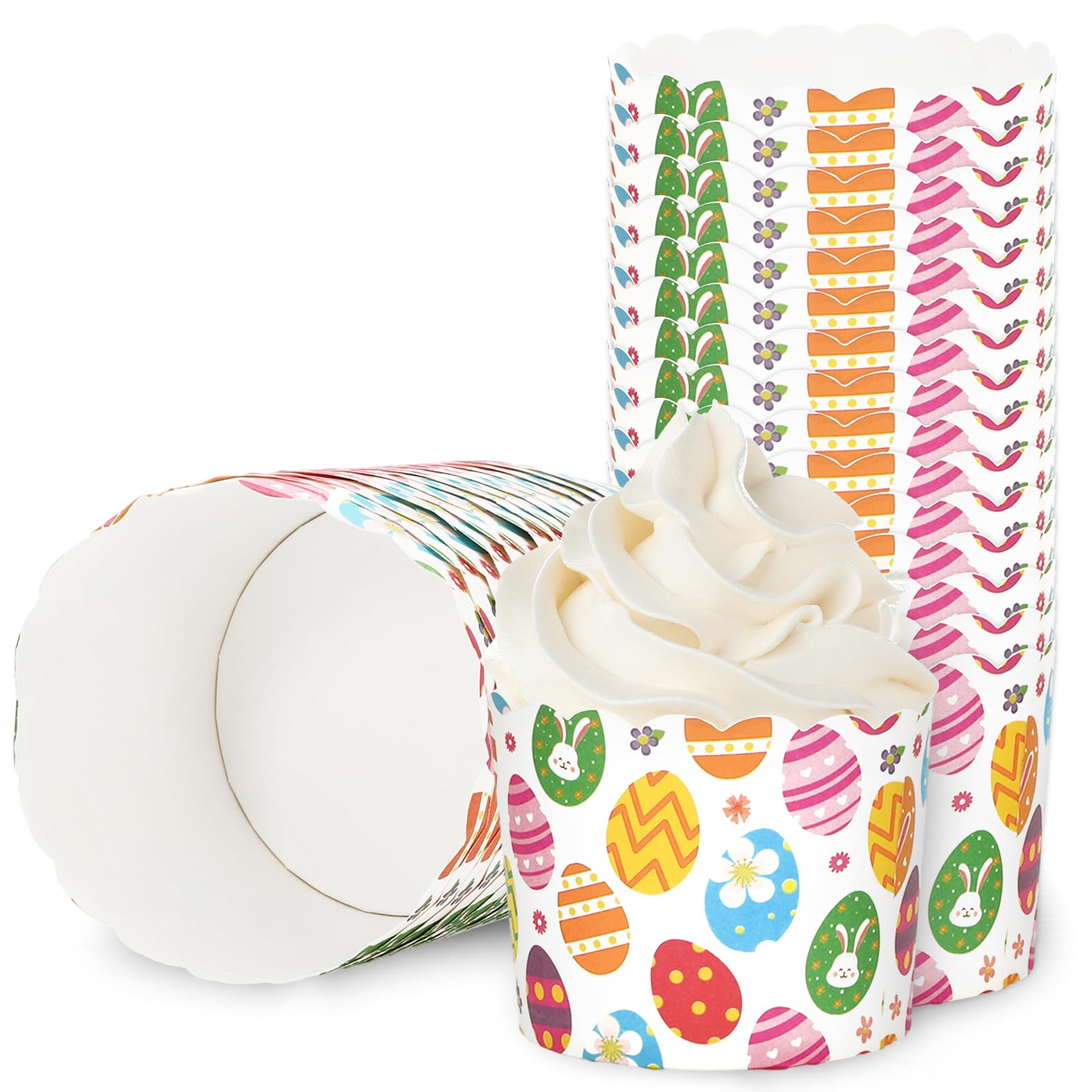 Whaline 100Pcs Multicolor Easter Paper Baking Cups with Easter Egg Bunny Flower Design, Disposable, 9 x 3.5 Inch
