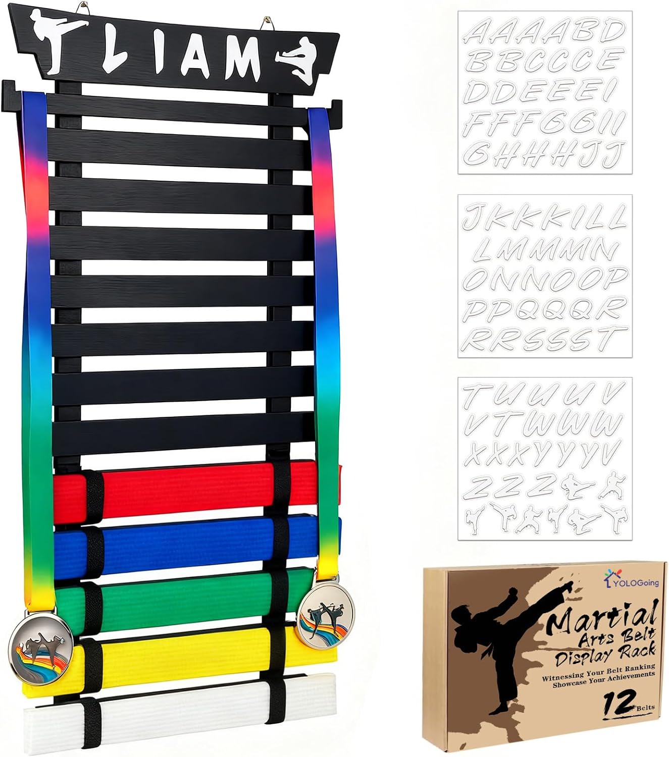 10 Belts Karate Belt Display Rack with Stickers, Taekwondo Belt Display 【No Assembly Required】 Martial Arts Belt Display, Karate Belt Holder for Kids and Adult, Wood, Black