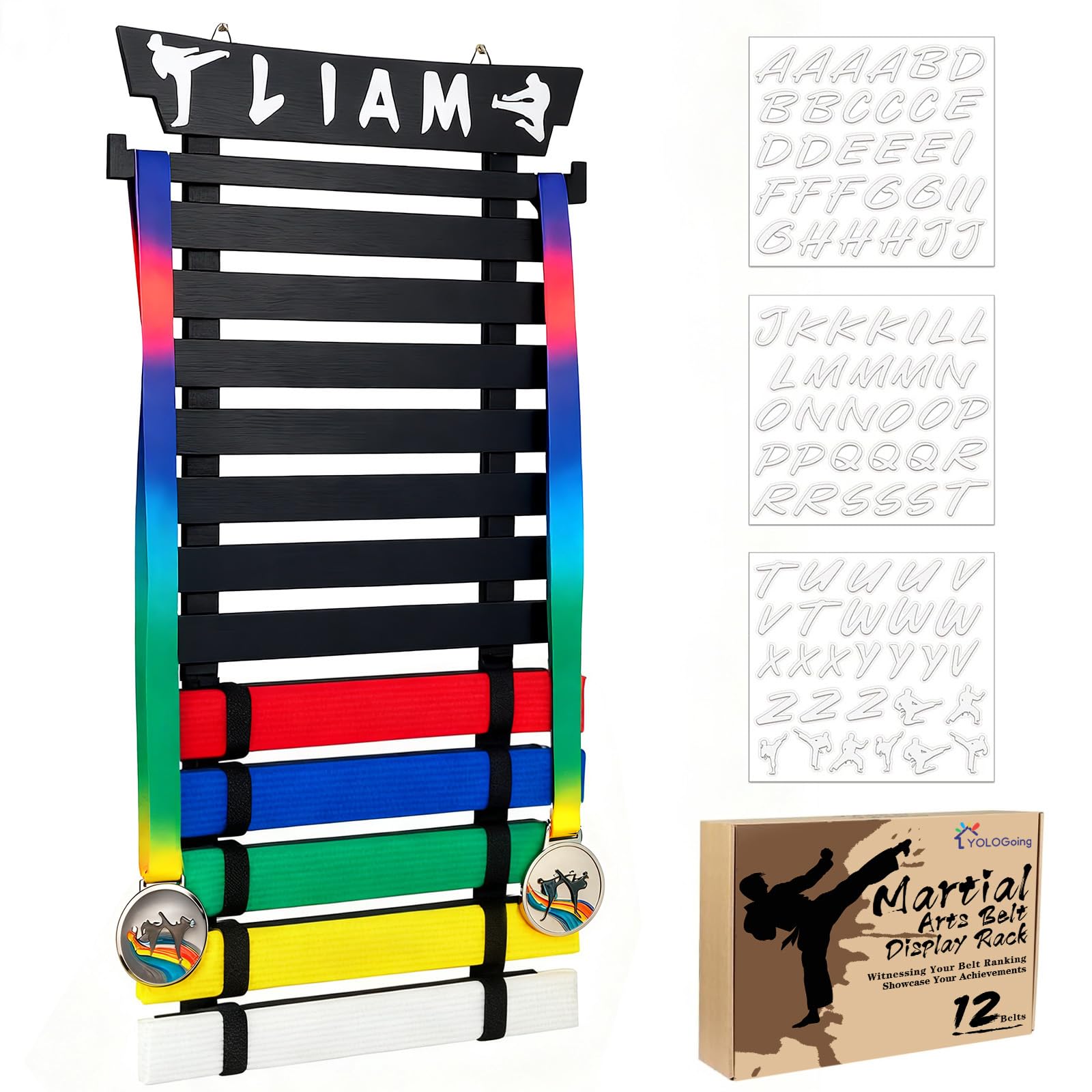 Karate Belt Display, 12-Belt Taekwondo Rack with Stickers