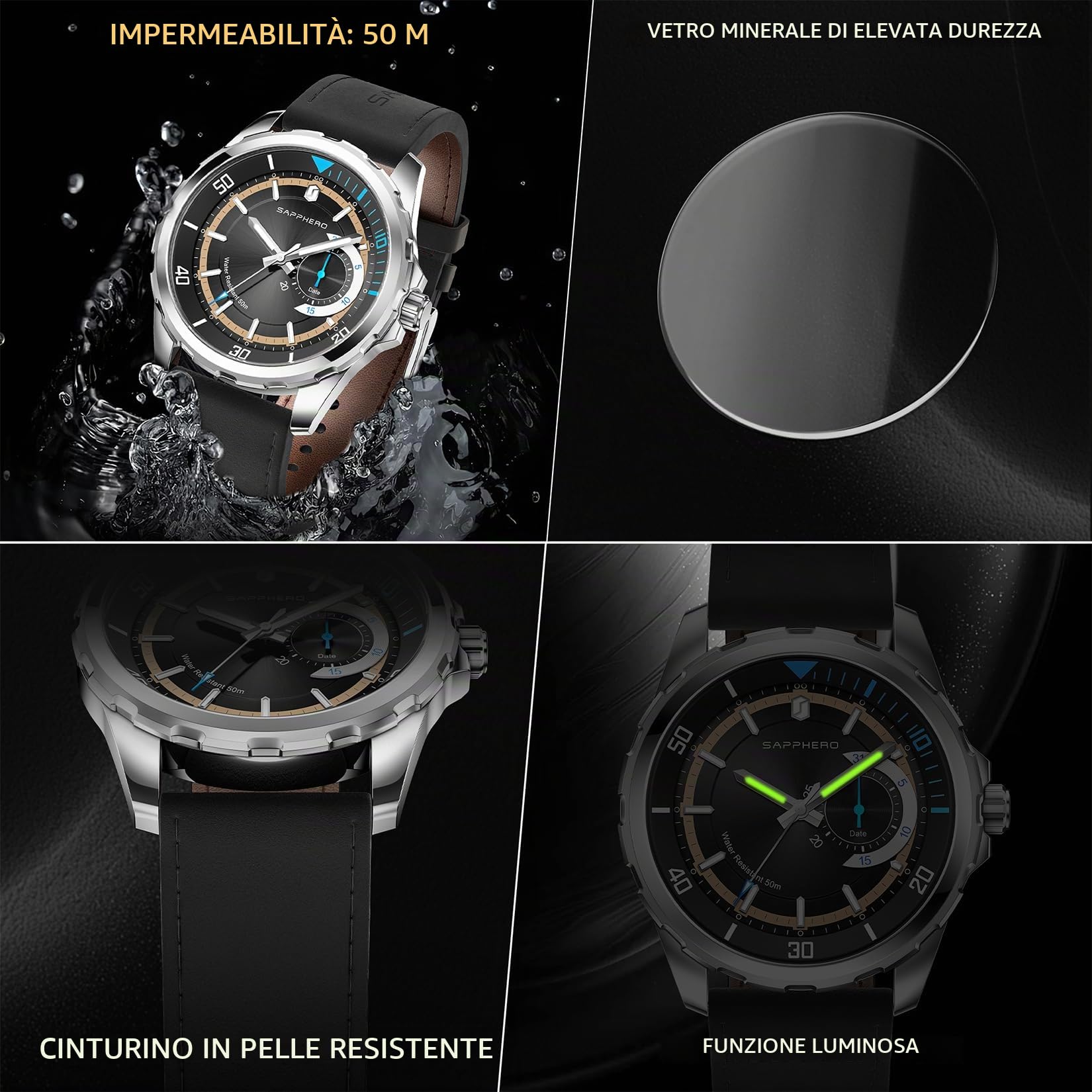 SAPPHERO Orologio analogico al quarzo da uomo, quadrante con datario e numeri arabi, impermeabile 50 m, luminoso, stile business e sportivo, cinturino in acciaio inox e pelle, elegante regalo per lui