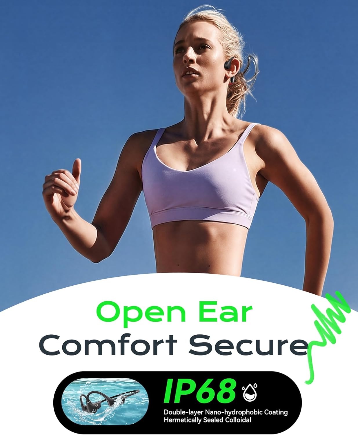 Open Ear Sport Headphones, Wireless Bone Conduction Earphones, Built-in 32GB MP3,with Mic, IP68, Sweat & Water Resistant, Up to 8 Hours Battery, Bluetooth 5.3,for Running,Swimming,Workouts - Image 2