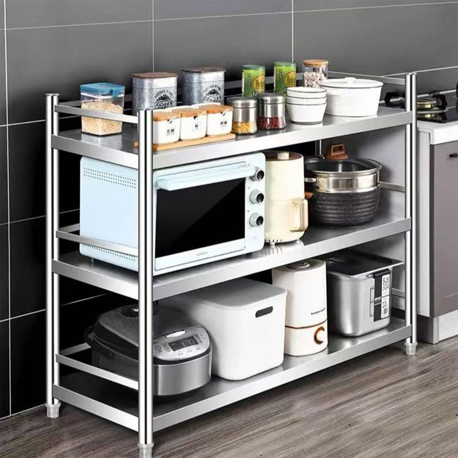 Scaffale da cucina a 3 ripiani in acciaio inox, resistente, per lavanderia, bagno, dispensa, armadio, stanza (80 x 45 x 100 cm)