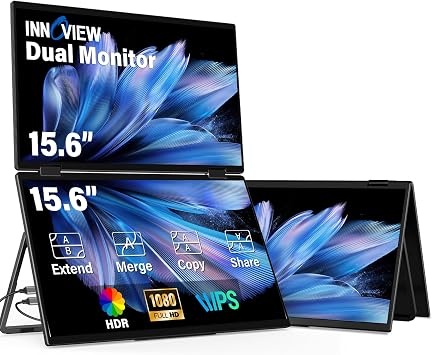 InnoView 15.6" FHD Dual Portable Monitor | All-in-One Foldable & Stackable Design | 315  Screen Adjustment & 180  Stand | USB-C/HDMI Travel Monitor for Laptop, Mac, Windows