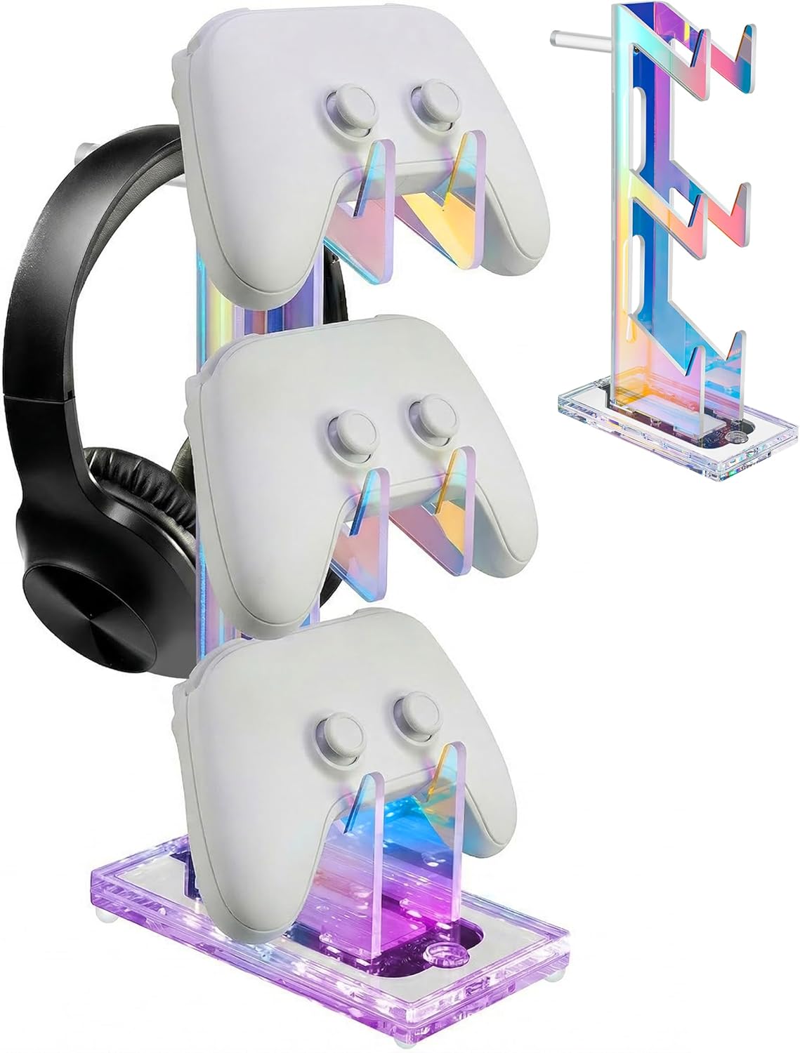 NiHome Iridescent LED Lighting Acrylic Multi-Tier Game Controller Holder & Headset Stand, USB-Powered 7 Colors & 3 Modes, Anti-Slip Gaming Accessories for Desktop, Cable Management (2 Tiers)