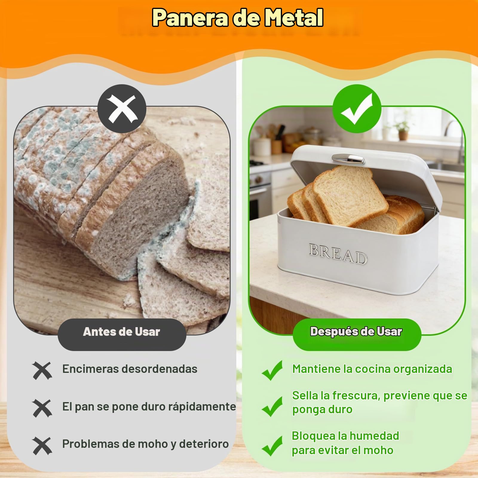 Panera Cocina Grande con Tapa, Paneras Mesa Blanco, Recipiente Almacenamiento Fácil Limpiar, Caja Metal Vintage para Guardar Pan, Galletas, Pasteles, Bollería, Frutas (30 x 16 x 18cm)