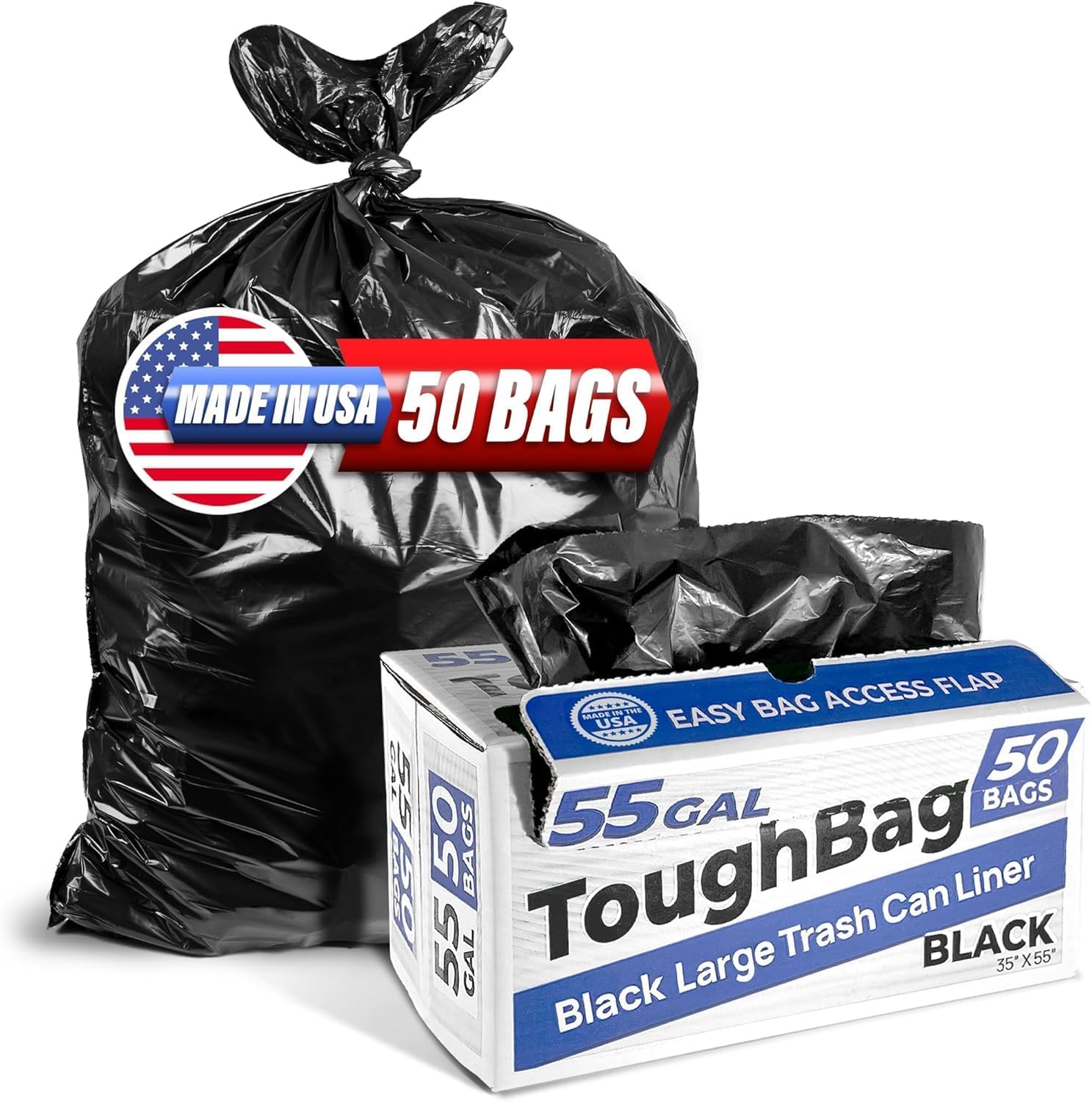 ToughBag 55 Gallon Trash Bags, 55-60 Gallon Trash Bags Heavy Duty (50 COUNT) - Large Black Trash Can Liners, 50-60 Gal for Contractors, Commercial, and Lawn - Made in USA 50 Count (Pack of 1)