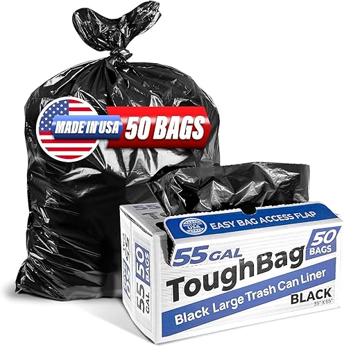 ToughBag 55 Gallon Trash Bags, 55-60 Gallon Trash Bags Heavy Duty (50 COUNT) - Large Black Trash Can Liners, 50-60 Gal for Contractors, Commercial, and Lawn - Made in USA - 50 Count (Pack of 1)