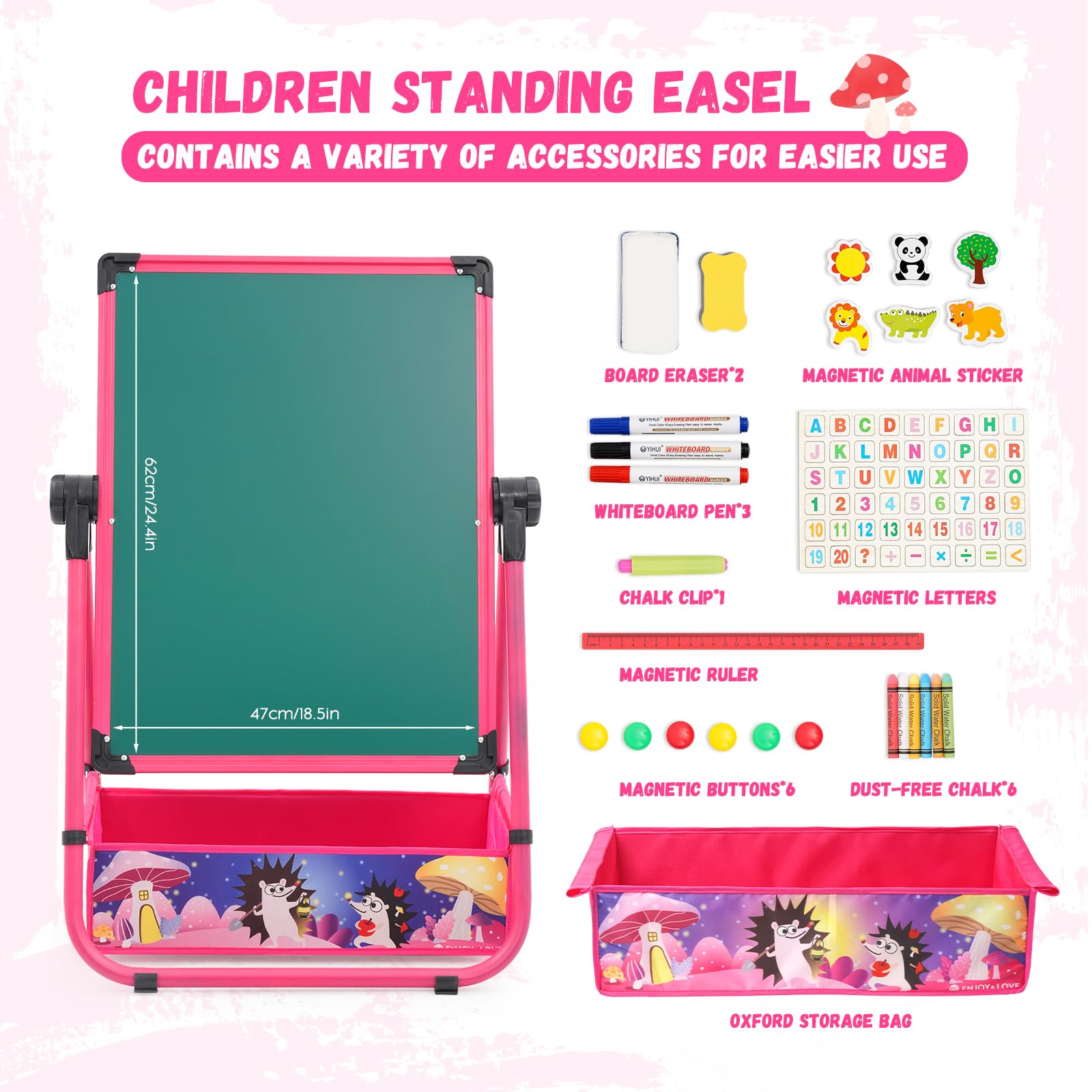 Kinderstaffelei, Kinder Staffelei Magnetische Kreidetafel & Whiteboard, Höhenverstellbar 29.5inch-44inch, 360 Grad Drehbare Kreidetafel, Geschenk für Kinder (rosa)