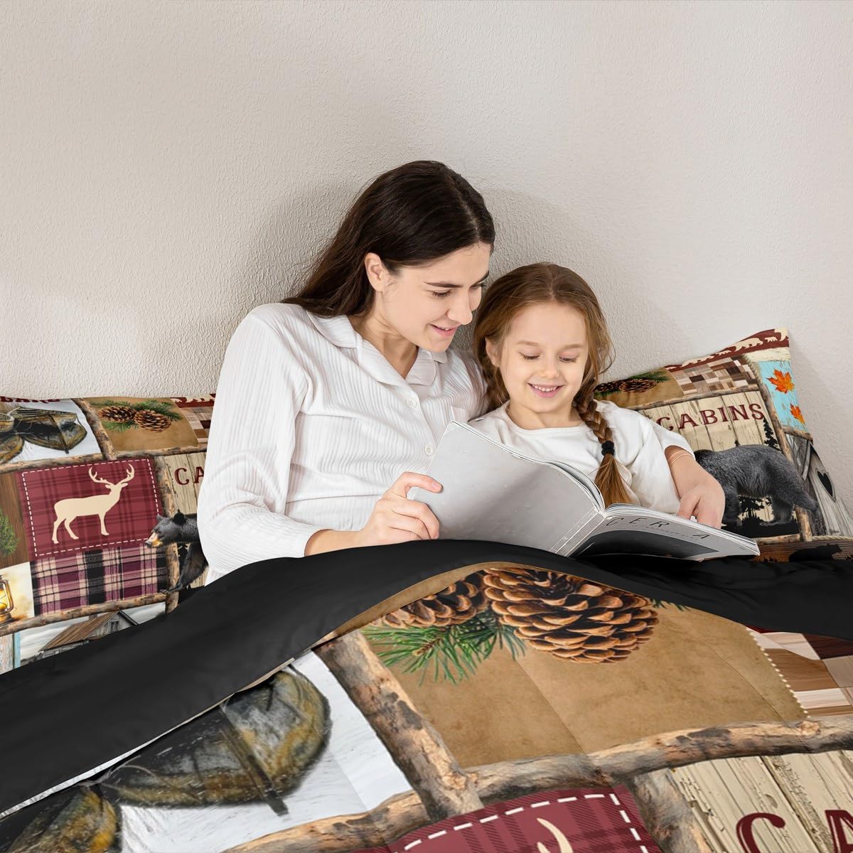 Feelyou Rustic Bear Bedding Set Queen Size Kids Cabin Deer Comforter Cover for Boys Girls Teens Country Farmhouse Wild Animal Duvet Cover Red Brown Breathable Soft Lightweight Microfiber