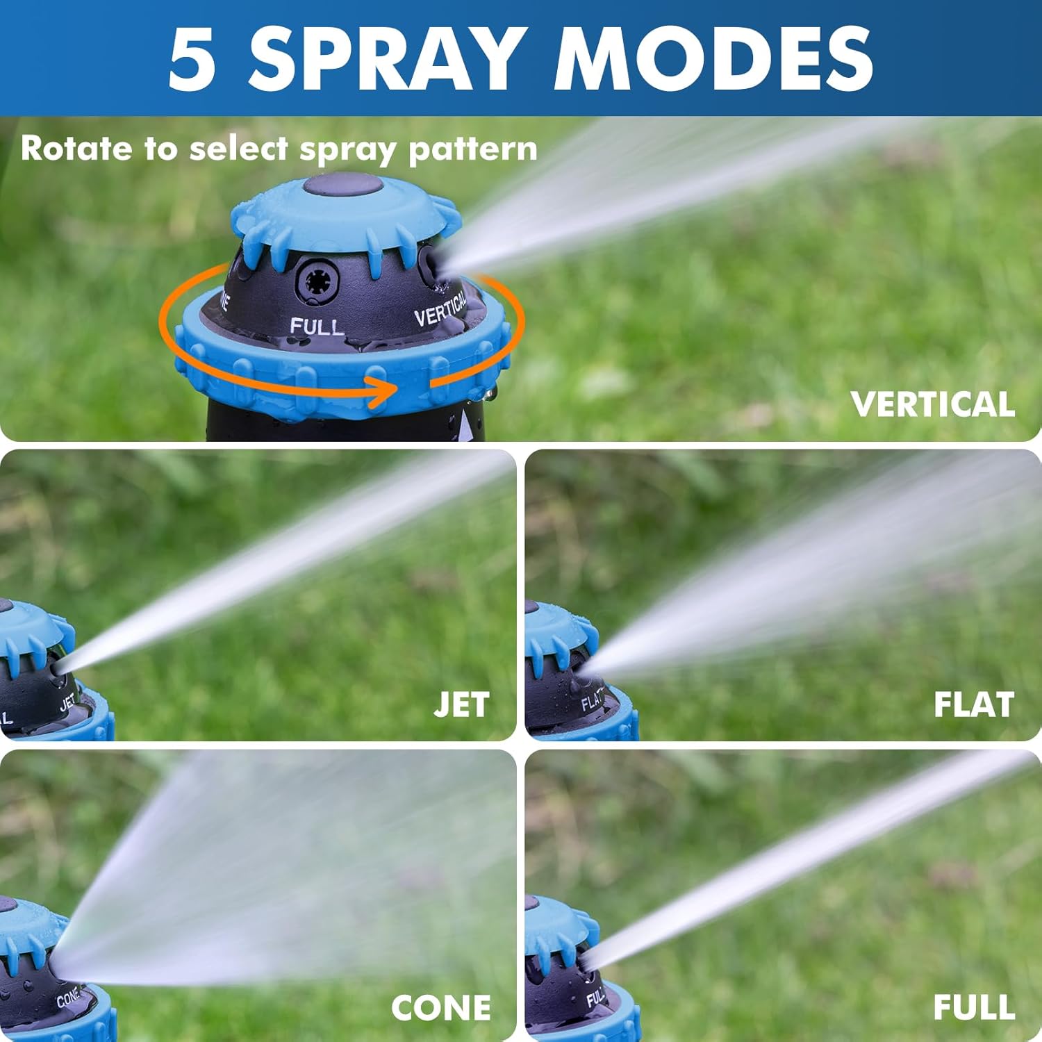 RESTMO Gear Drive Sprinkler with Metal Spike Base, 5-Pattern Heavy Duty Gardening Watering System, Multi-Adjustable Lawn Sprinkle for Garden Plant, Flower Bed and Large Yard Area Watering, Blue