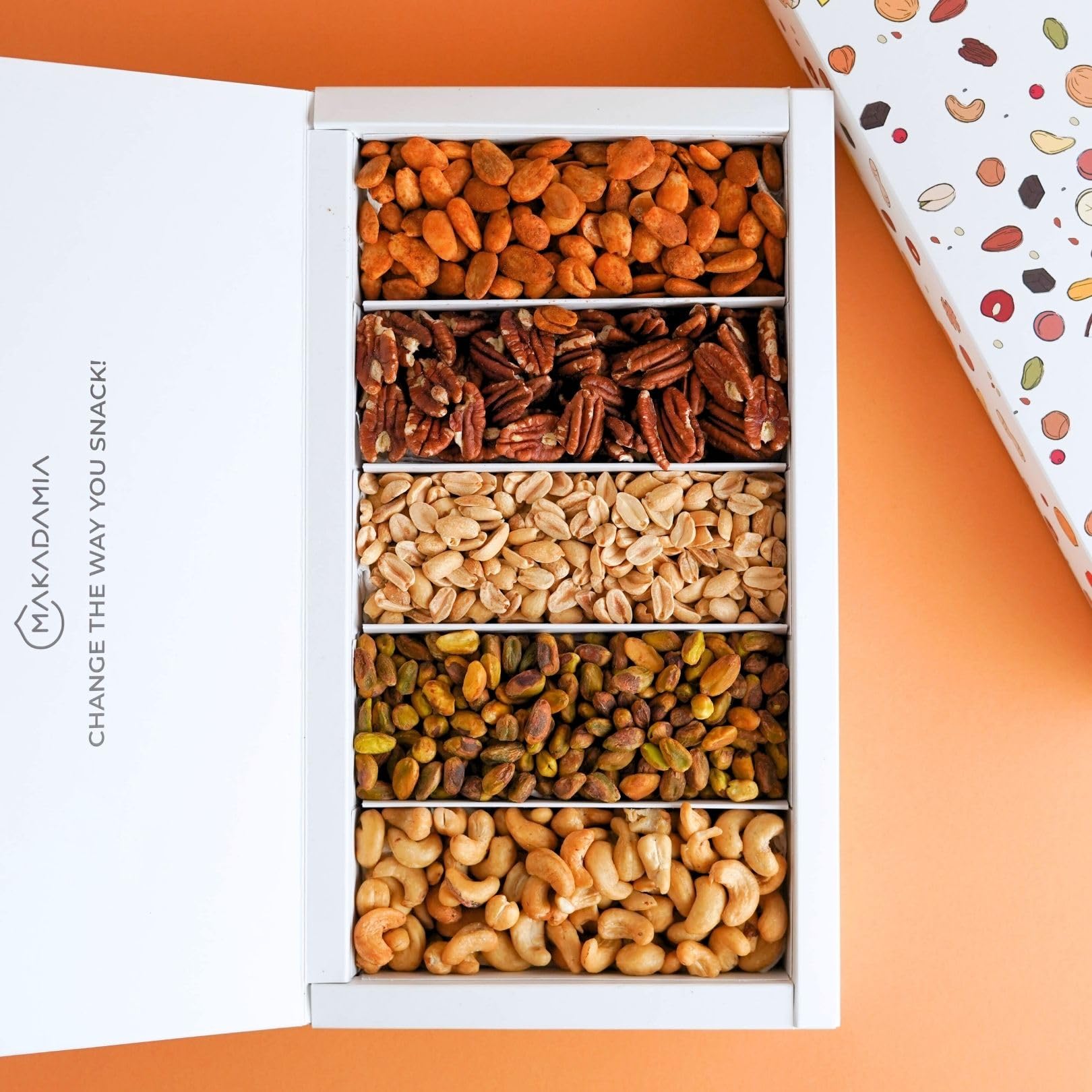 Makadamia - Aperitivo BOX 750 g - Pistacchi Tostati, Arachidi Tostate, Anacardi Tostati, Noci Pecan Tostate e Mandorle alla Paprika.
