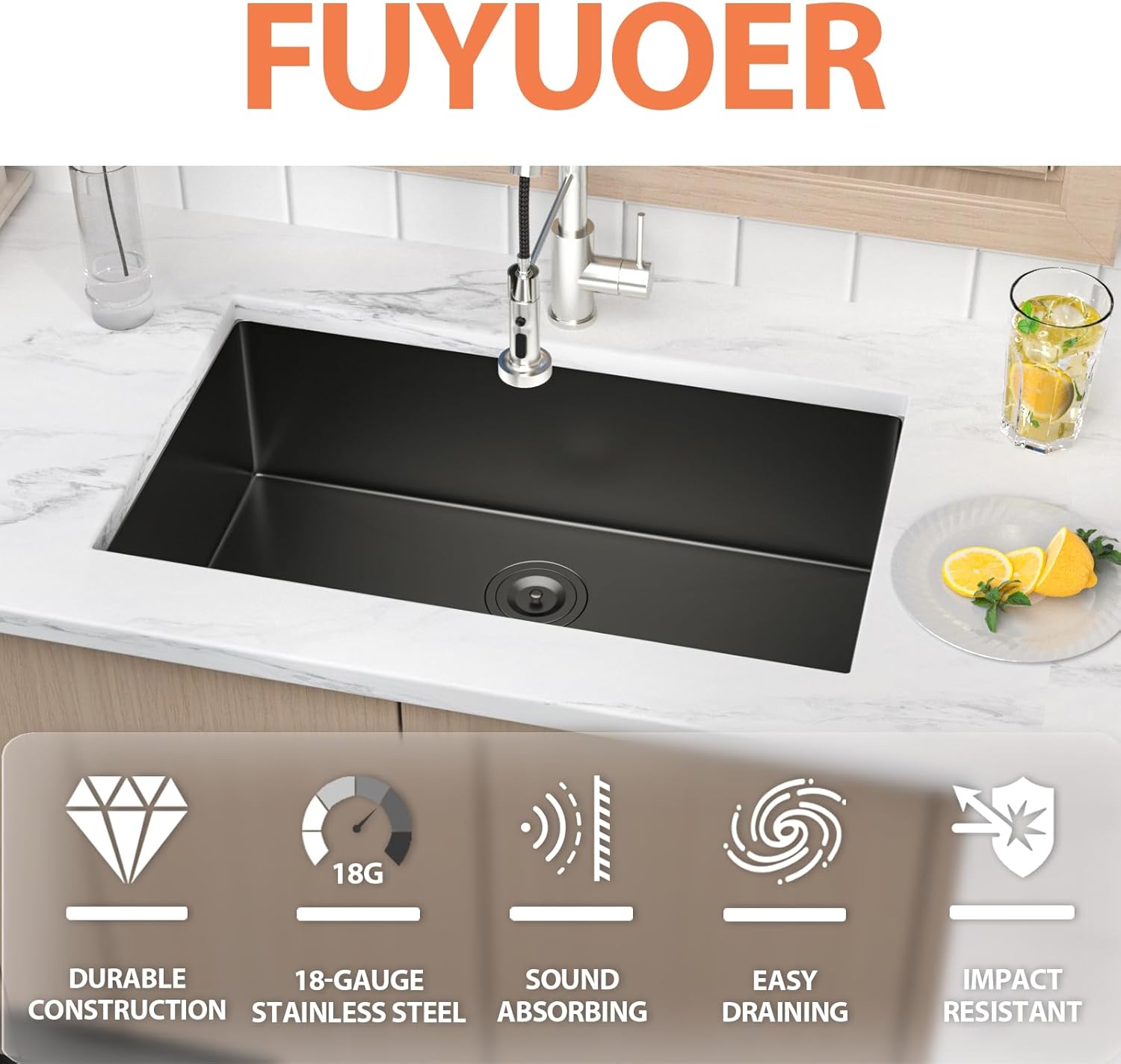 30 Inch Undermount Kitchen Sink Black 18 Gauge Stainless Steel Under Counter Sink Single Bowl Deep Handmade Single Bowl Kitchen Sink,30"x18"x9"