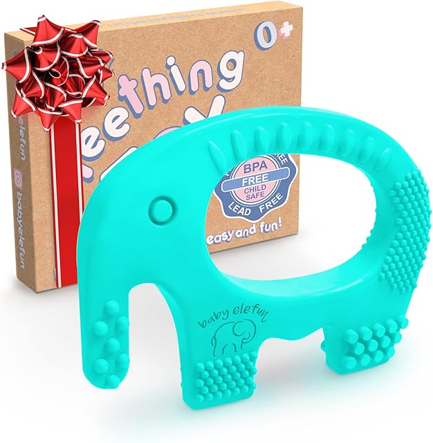 BABY ELEFUN Teething Toys for Baby, Cute, Effective & Easy to Hold BPA Free Silicone Teethers with Gift Package, Elephant Teether Toy Best for Babies 3 6 12 Months, Boy, Girl, Infant, Shower Gifts