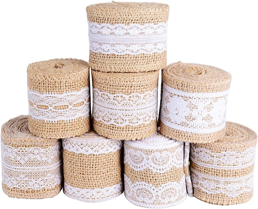 8rolls Natural Burlap Ribbon Roll with White Lace Jute Twine for Christmas Gift Packing DIY Home Handmade Craft (8 x 2 m)