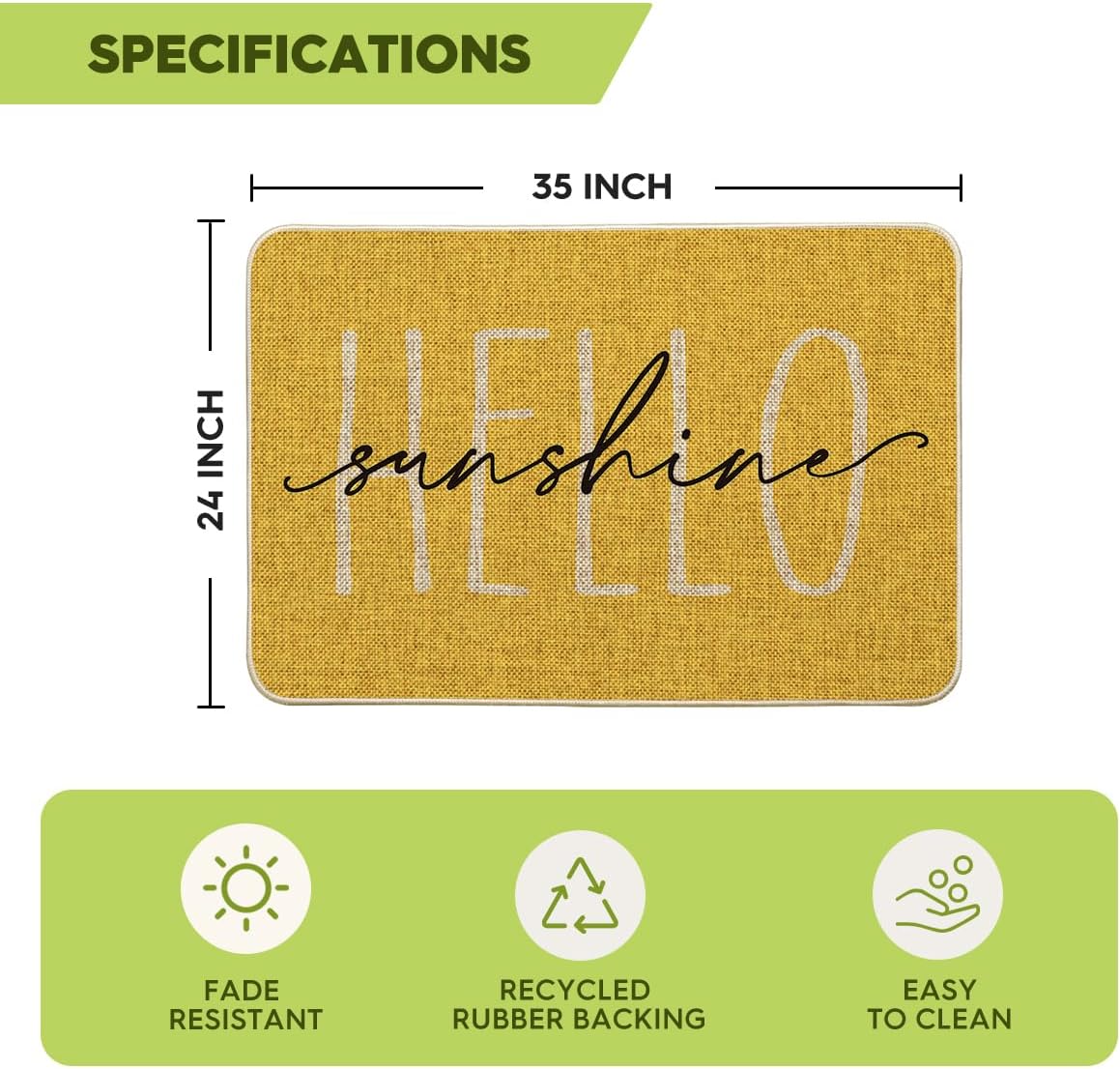 Artoid Mode Yellow Hello Sunshine Spring Doormat, Summer Home Decor Low-Profile Switch Rug Door Mat Floor Mat for Indoor Outdoor 24x35 Inch