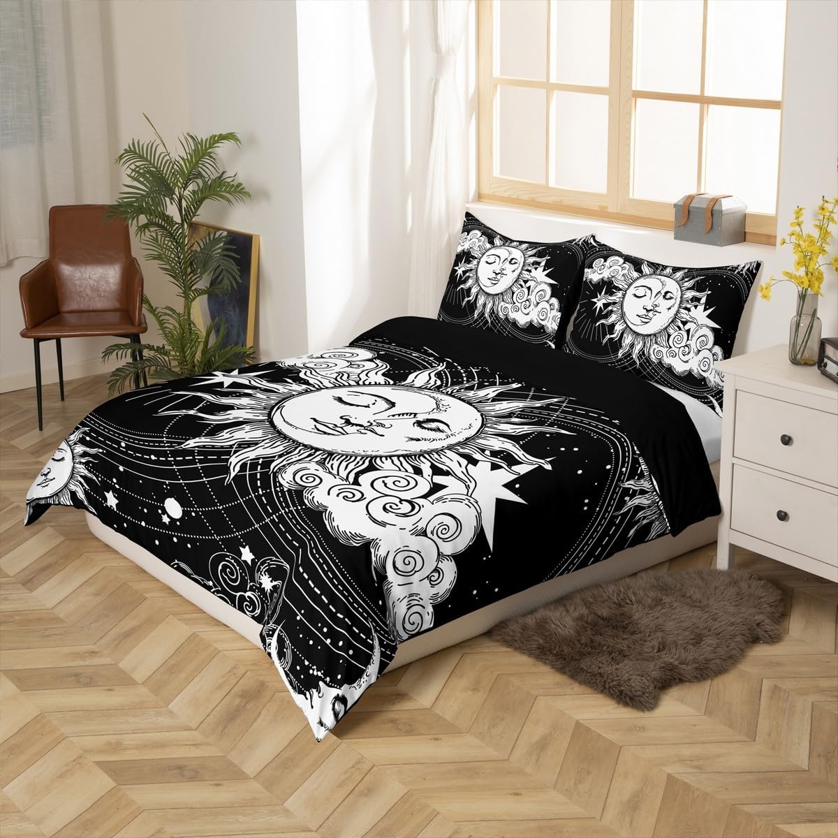 Erosebridal Black White Sun Moon Bedding Set Hippie Duvet Cover Twin Size Boho Exotic Home Decor Comforter Cover Galaxy Starry Sky Bed Sets Bohemian Indian Bedroom Decor 2Pcs with 1 Pillow Case