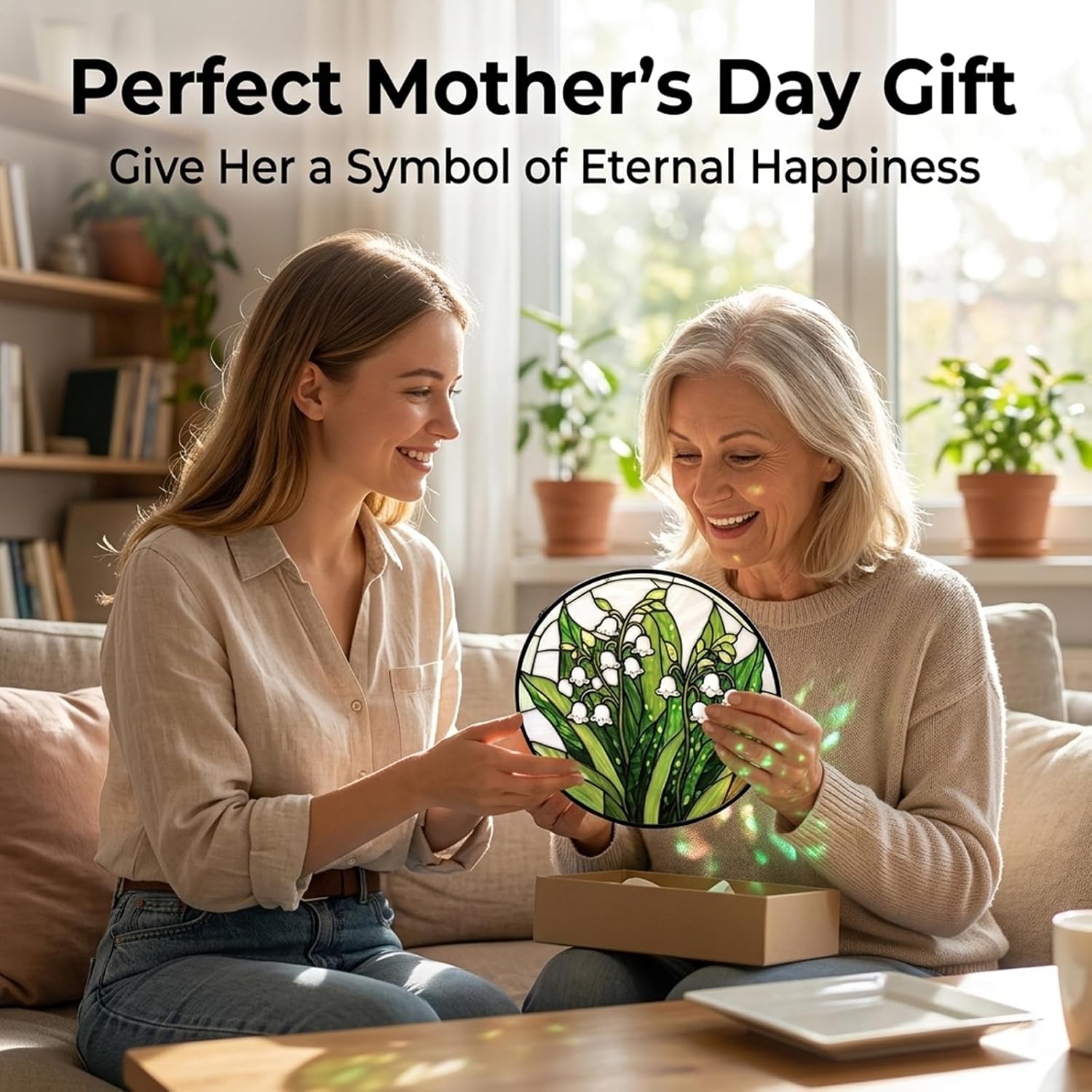 Birthday Gifts for Women - Lily of the Valley Faux Stained Glass Window Hanging Sun Catcher for Door Garden Acrylic Decor Mother's Day Christmas May for Mom Nana Grandma Sisters 7.8"