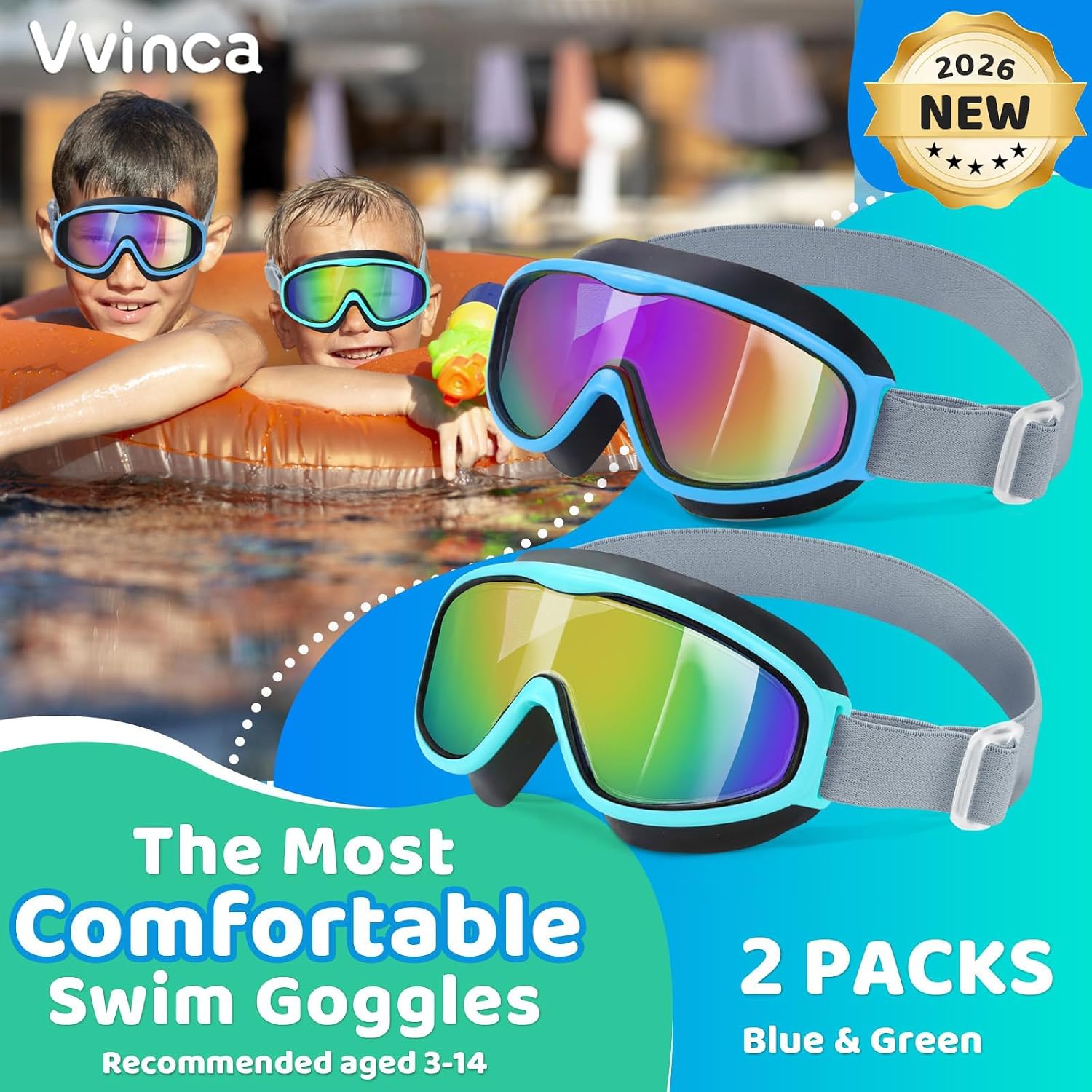 vvinca kids goggles with comfort fabric strap, kids swim goggles wide view anti-fog/uv no leaking swimming goggles for 3-14 08-black blue & black green