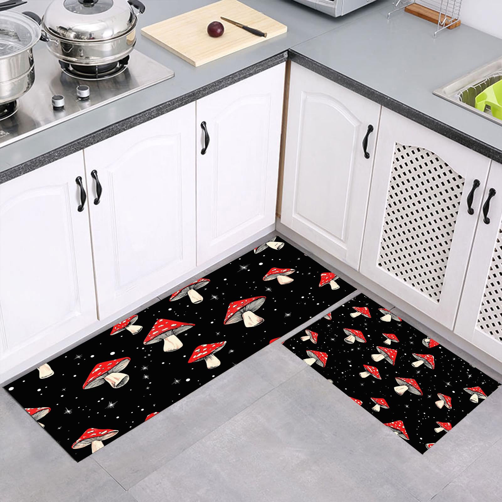 Tapis de cuisine champignon 2 pièces antidérapant et lavable 40x60+40x120cm