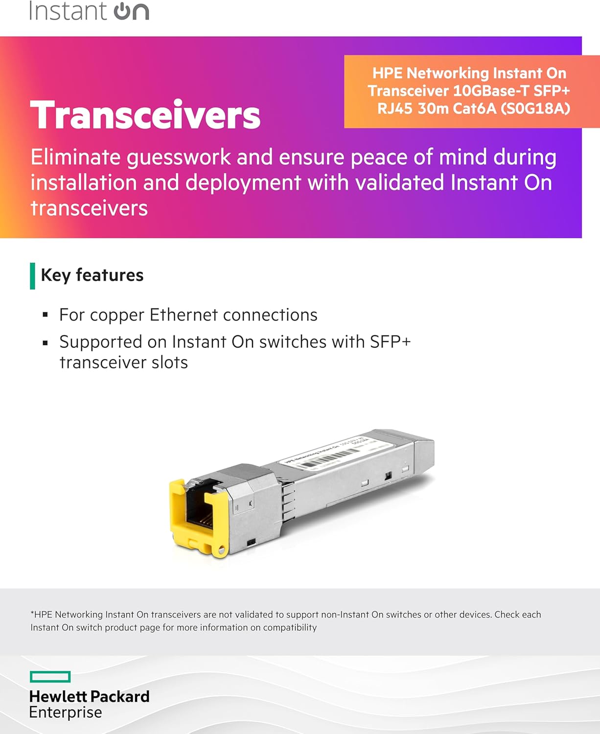HPE Networking Instant On 10GBase-T SFP+ RJ45 30m Cat6A Transceiver for Copper Ethernet Connections (S0G18A)