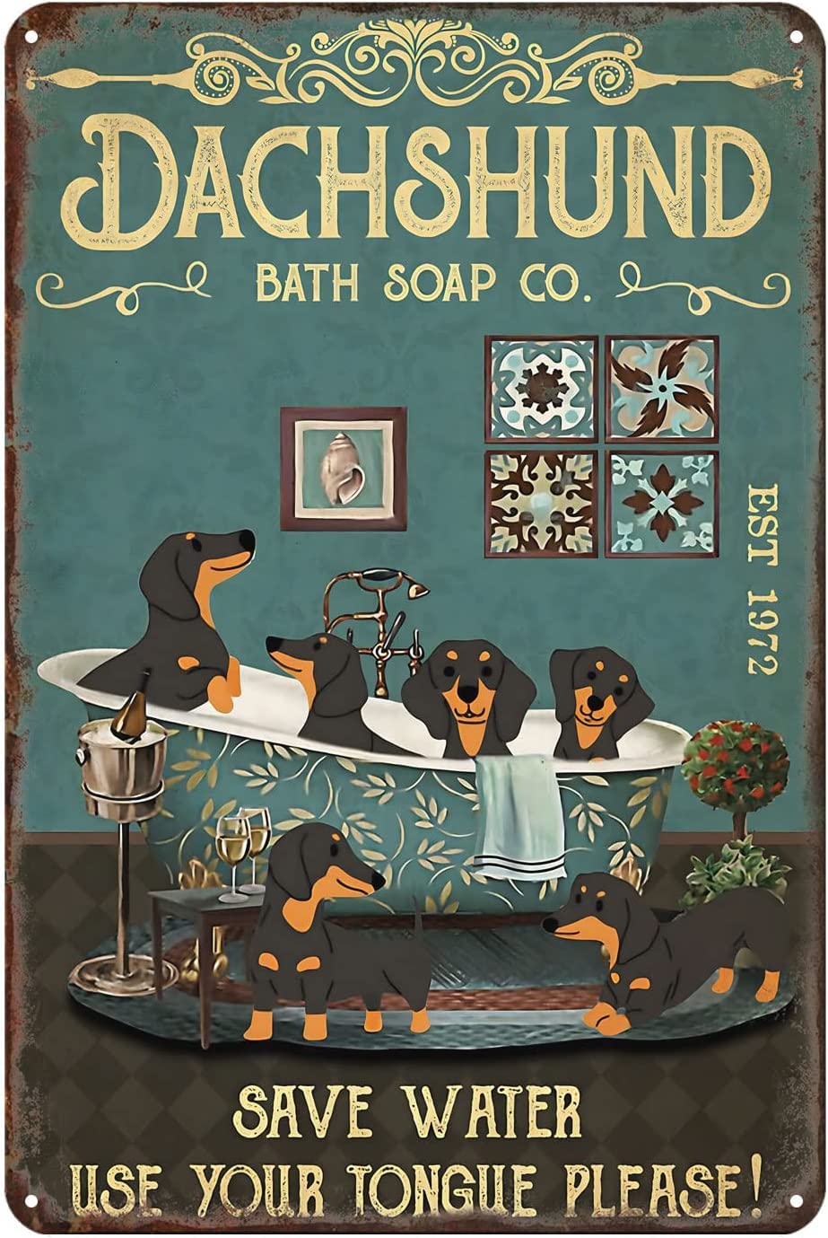 kisoyo Bathroom Sign Bath Soap Dachshund Funny Metal Sign Retro Decor Home Kitchen Bar Cafe Club Cave Wall Decor Dog Tin Sign 12x16 Inch