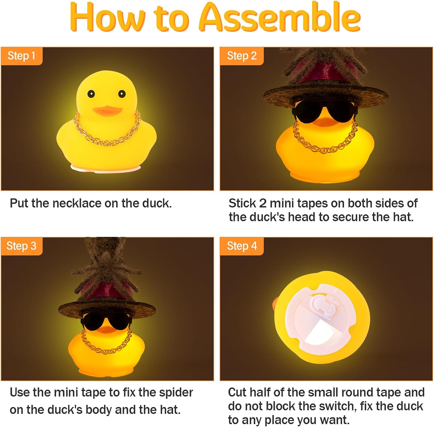 wonuu Scary Spider Rubber Duck with Light for Halloween Decoration Car Ornament Home Decor Mini Ducky All Saints Day Cosplay Ducks with Sunglasses Necklace, Assemble Needed, Orange Purplek Hat