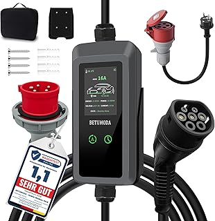 Mobile Wallbox 11kW [7m|3-phasig|8-16A], Ladekabel CEE 16A auf Typ 2,Einstellbar und Timer & Verzögerung. IP65 Wasserdicht, EV Ladegerät für Model Y/3, ID.3/4/5, MG4, EX30, e-up, e-tron und BEV/PHEV