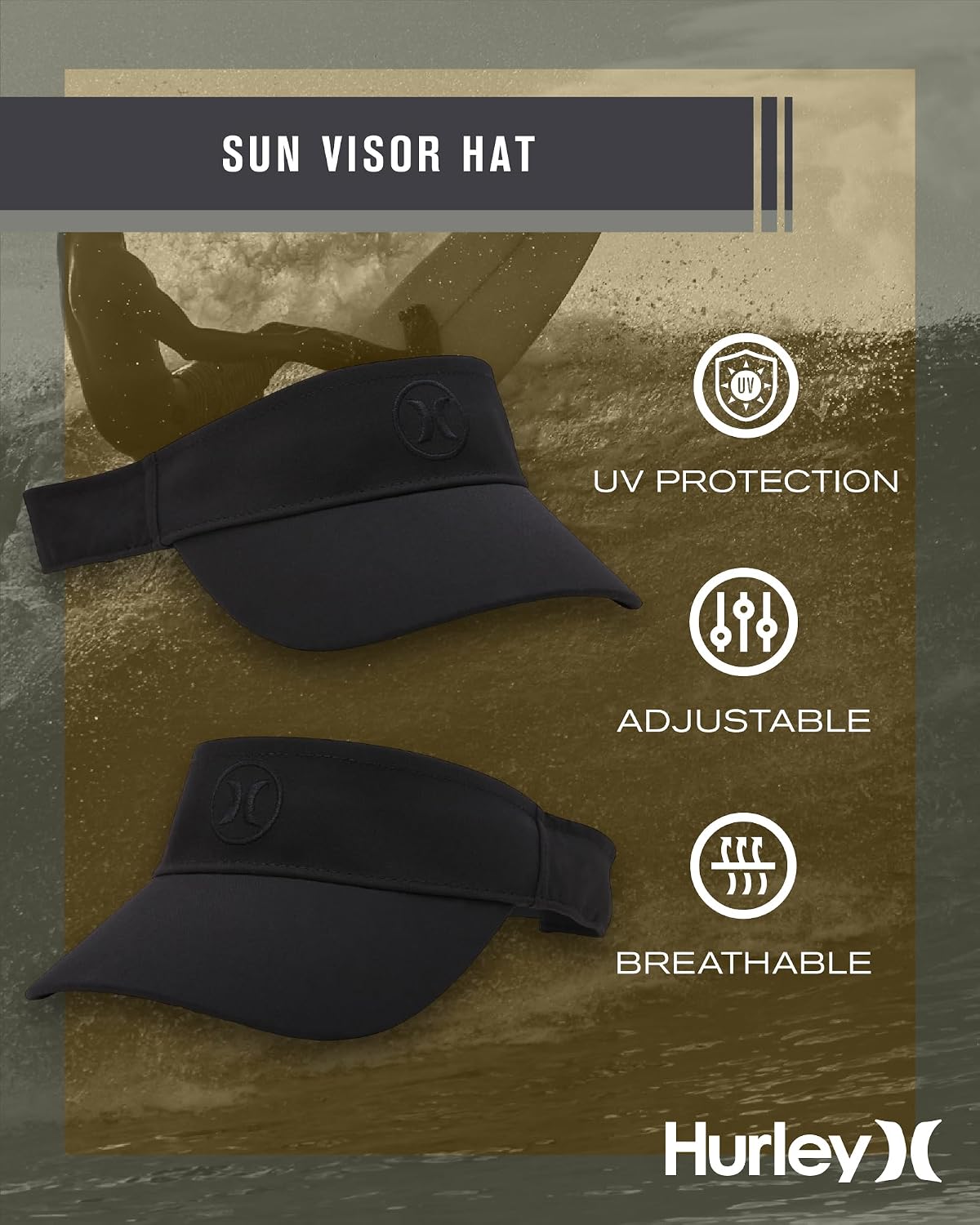 Hurley Women's Sun Visor Hat - UV Protection Square Curved Bill Adjustable Snap Athletic Golf Tennis Visor for Outdoor