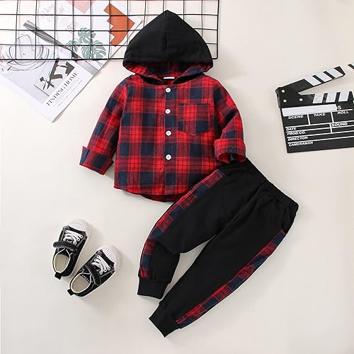 Miniatura 4 de Ropa para bebés y niños pequeños, conjuntos de otoño e invierno, con botones, camisa a cuadros con capucha y pantalones