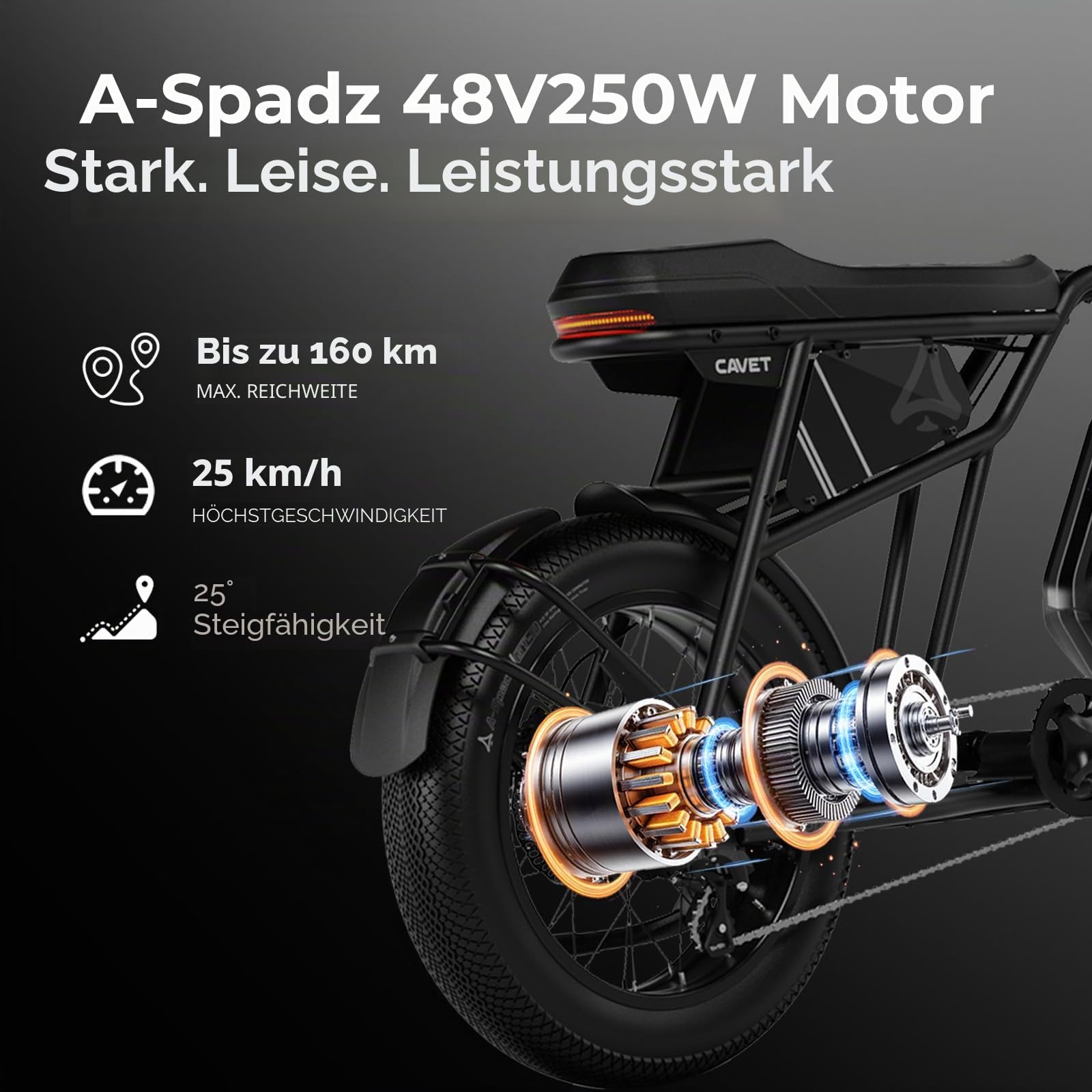 Cavet Fat-Tire E-Bike, 48V 250W Motor, 15,6Ah Akku, bis zu 100 km Reichweite mit Tretunterstützung, 7-Gang-Schaltung, TFT-Display, Elektrofahrrad für Erwachsene.