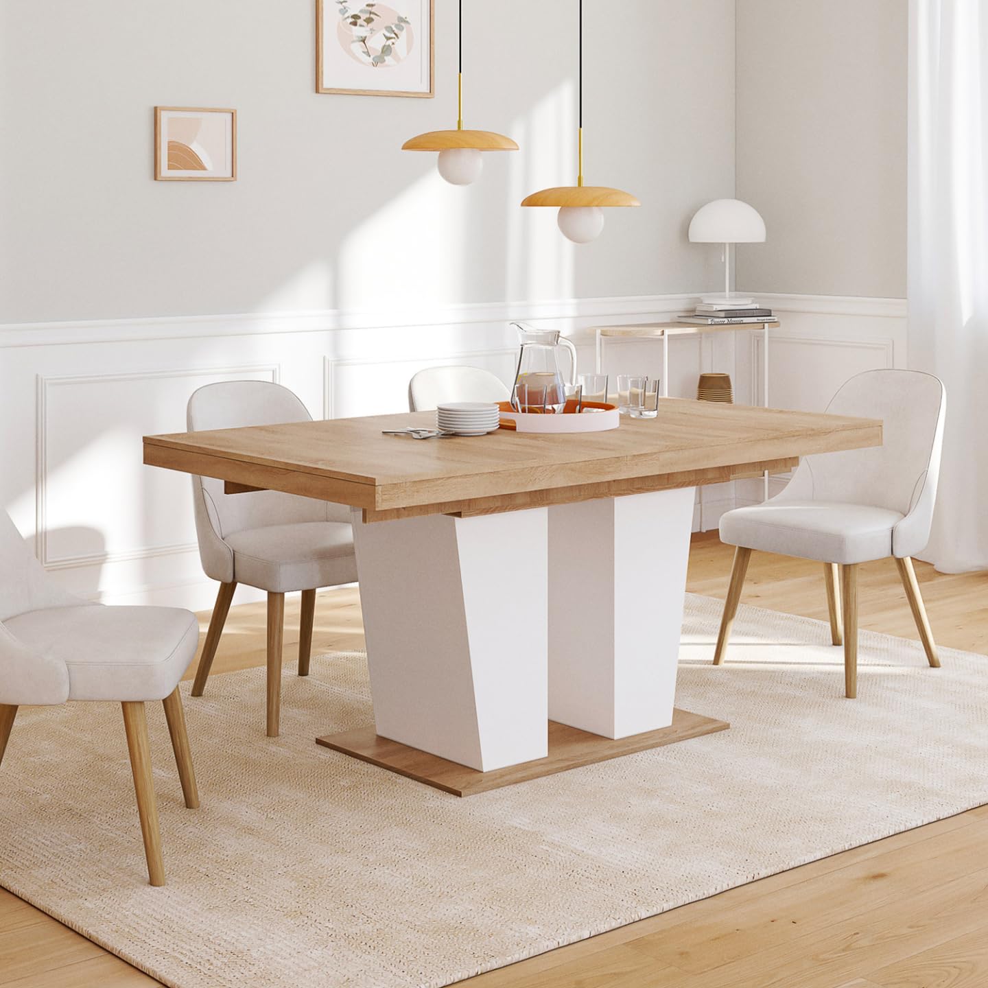 IDMarket - ELIAD mesa de comedor rectangular extensible 6-10 personas madera y blanco 160-200 cm