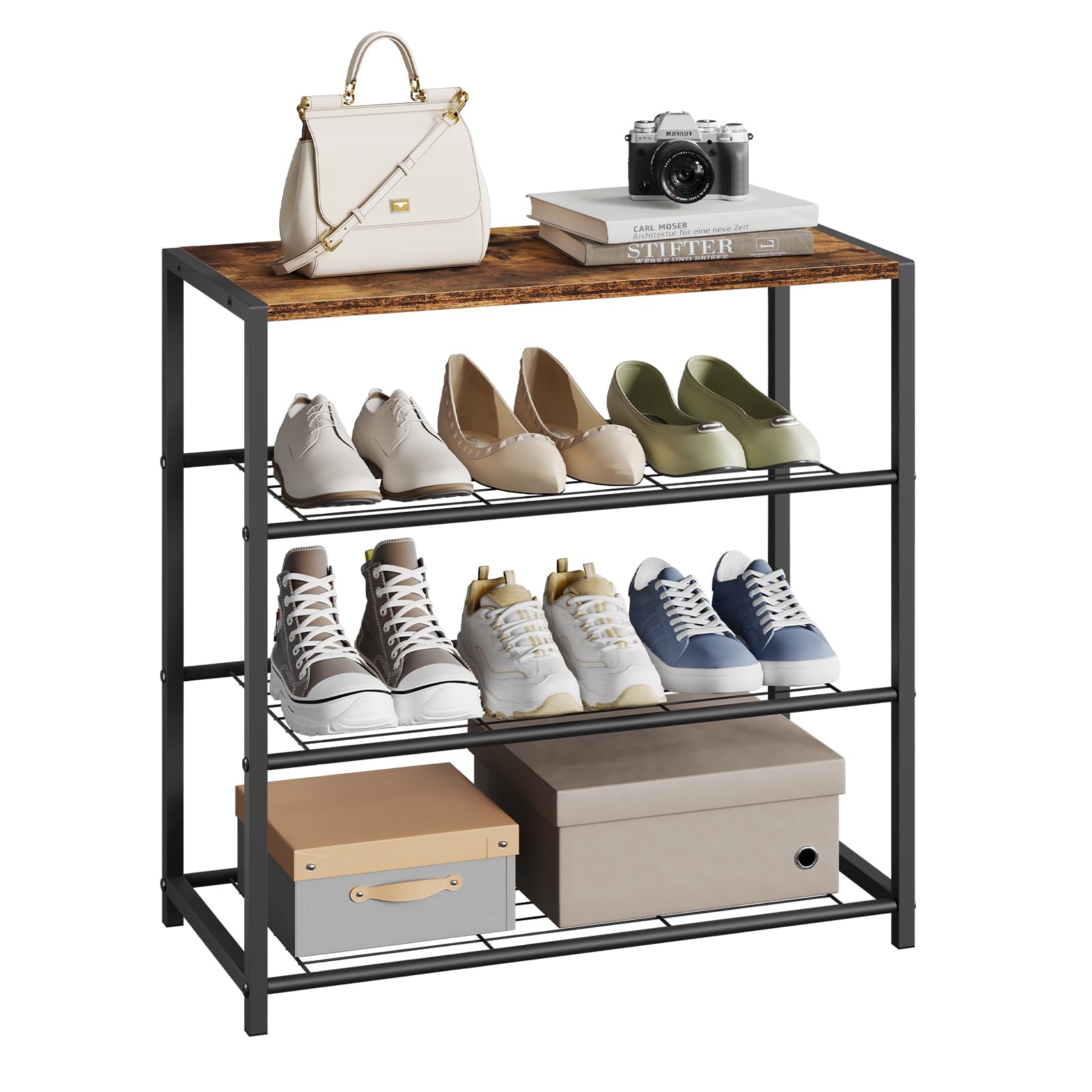 WOLTU 4 Tier Shoe Bench with Seat, Metal Wood Freestanding Shoe Rack, Rustic Hallway Entryway Shoe Storage Cabinet, Space-Saving Footwear Organizer for Home Bedroom Bathroom — image 1