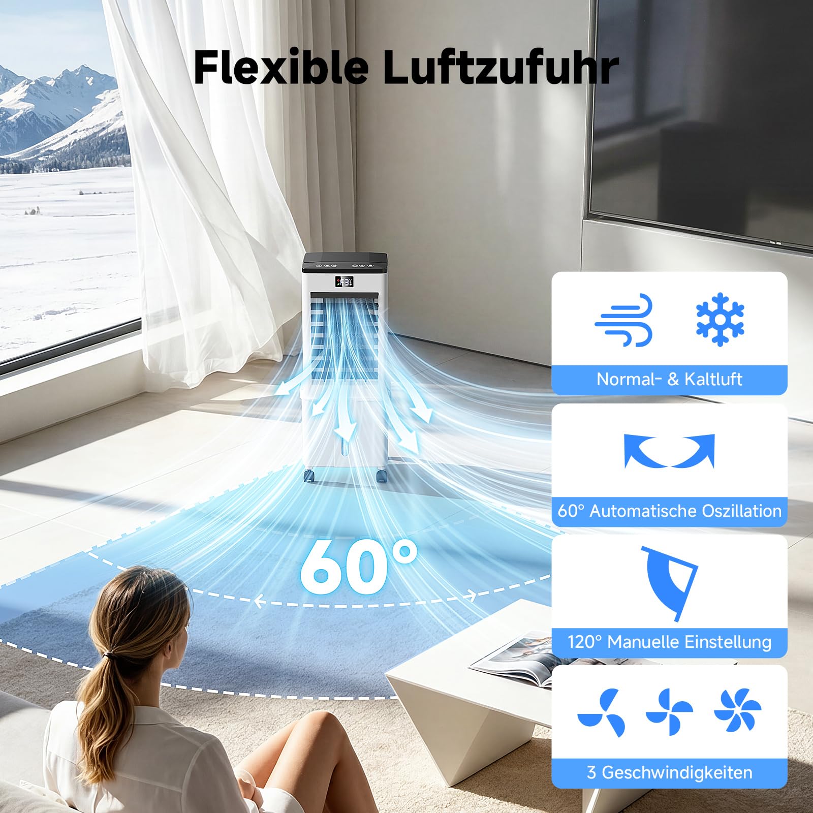 Mobile Klimaanlage ohne Abluftschlauch 10L Luftkühler 60W 4-in-1 Verdunstungskühler 12H Timer 4 Modi 120° Oszillation Abnehmbarer Wassertank Tiefschwarz