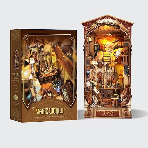 Miniatura 6 de Kit de rincón de libros de bricolaje, rincón de libros de casa de muñecas, sujetalibros mágicos 3D de rompecabezas de madera, kits de rincón de