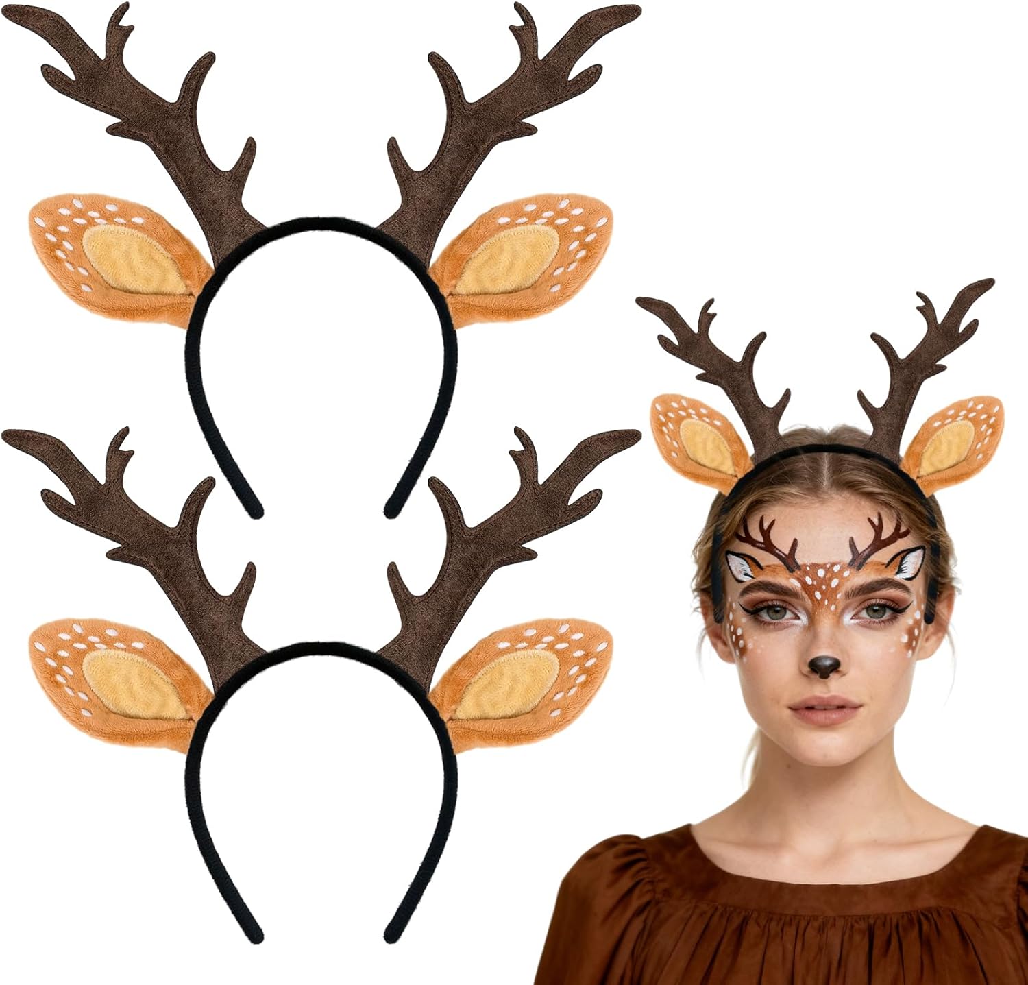 3PCS Deer Antlers Headband with Deer Ears - Lightweight & Snug Fit Comfort Deer Headband for Women Adults | Festive Deer Costume Accessories for Halloween, Christmas, Cosplay Parties