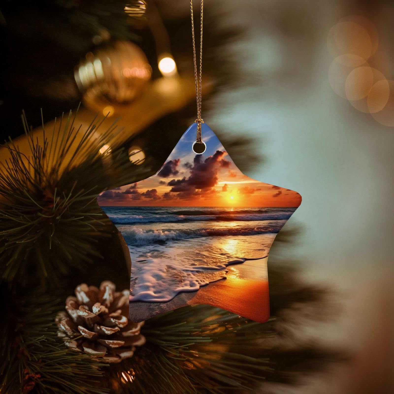 Christmas Ornaments for Christmas Tree Decoration Hanging Beach Sunrise Ornament with Gold Ribbon Crafts Star Shape Ceramic Pendant for Keepsake Gifts Xmas Decor Party Supplies
