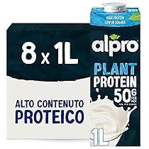 ALPRO PROTEIN 50g, Bevanda alla SOIA, Alternativa Vegetale al Latte, Naturalmente Senza Lattosio, con Vitamine B2, B12 e D – 8 confezioni x 1 Litro