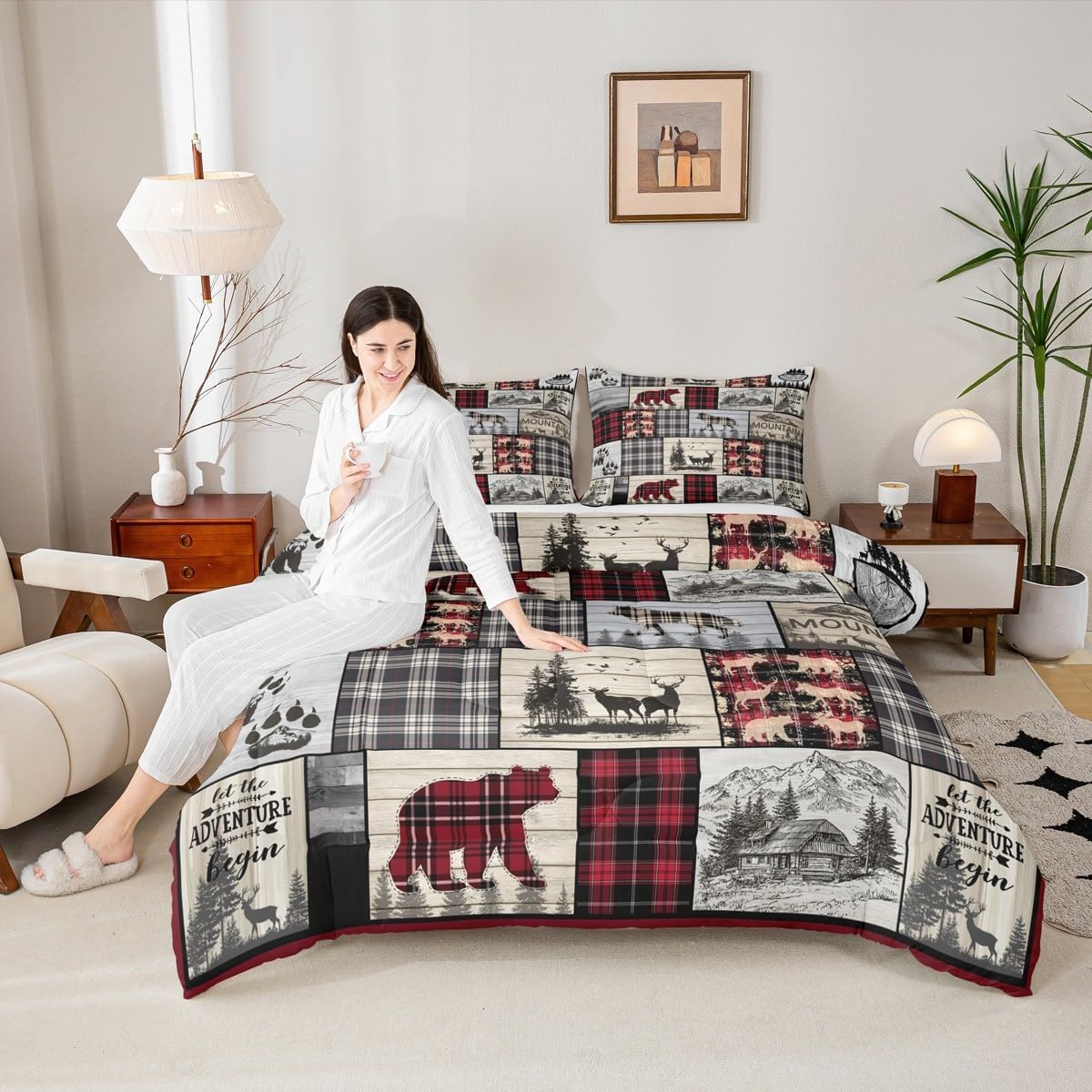Rustic Cabin Comforter Set Queen Woodland Wolf Deer Bear Comforter For Kids Adults,Red Black Buffalo Plaid Bedding Set Wildlife Camping Lodge Mountain Quilt Bedding Southwestern Farmhouse Decor - Image 4