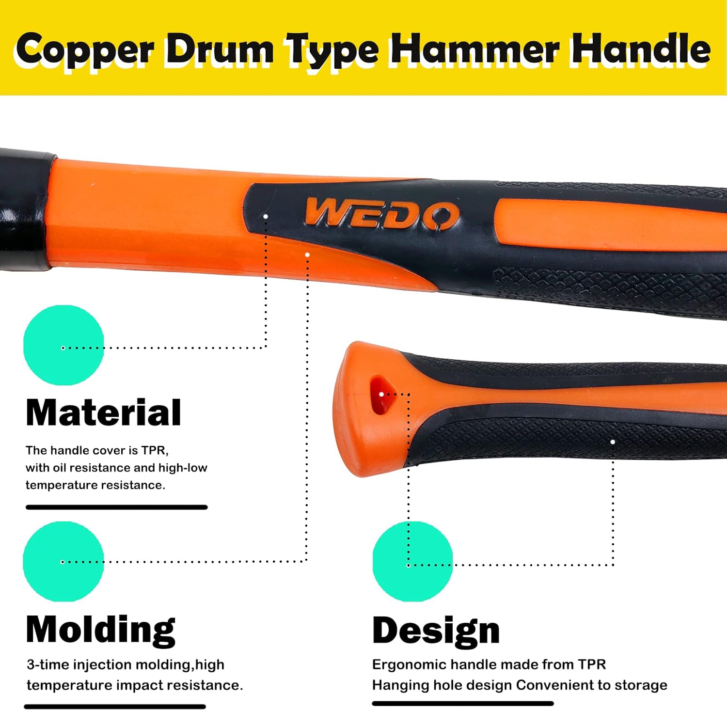 WEDO Copper Sledge Hammer 2lb,Solid Copper Mallet Hammer,Fiberglass Handle,Length 350mm,Die-Forged, Corrosion Resistant, DIN Standard