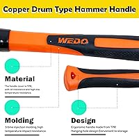 Vista 4 de WEDO Martillo de trineo de cobre 1/2lb,Martillo de mazo de cobre macizo, mango de fibra de vidrio, longitud 11.024 in, forjado a presión, resistente