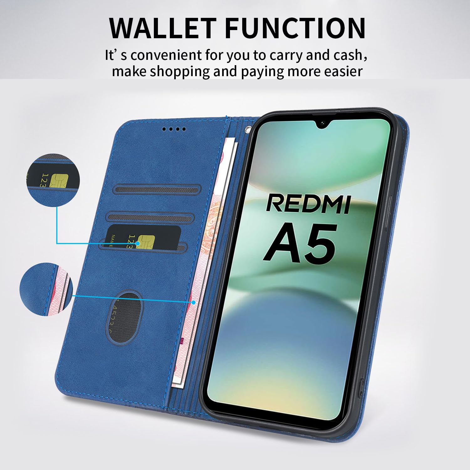 SEAHAI Cover per Xiaomi Redmi A5 4G, Custodia Pelle Flip Portafoglio con Kickstand/Slot per Schede/Protezione RFID, Premium PU/TPU Antiurto Magnetica Libro Case - Blu