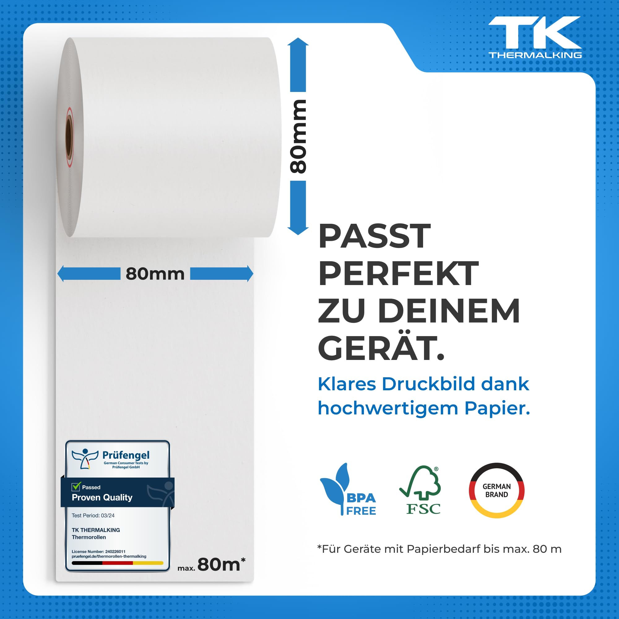 Thermorollen 80x80x12 mm Bonrollen BPA-frei 50 Stk f. Kasse | Geeignet für Drucksysteme mit Papierbedarf bis 80 m · BPA-frei · FSC · deutsche Marke · für POS-Kassen & Bondrucker