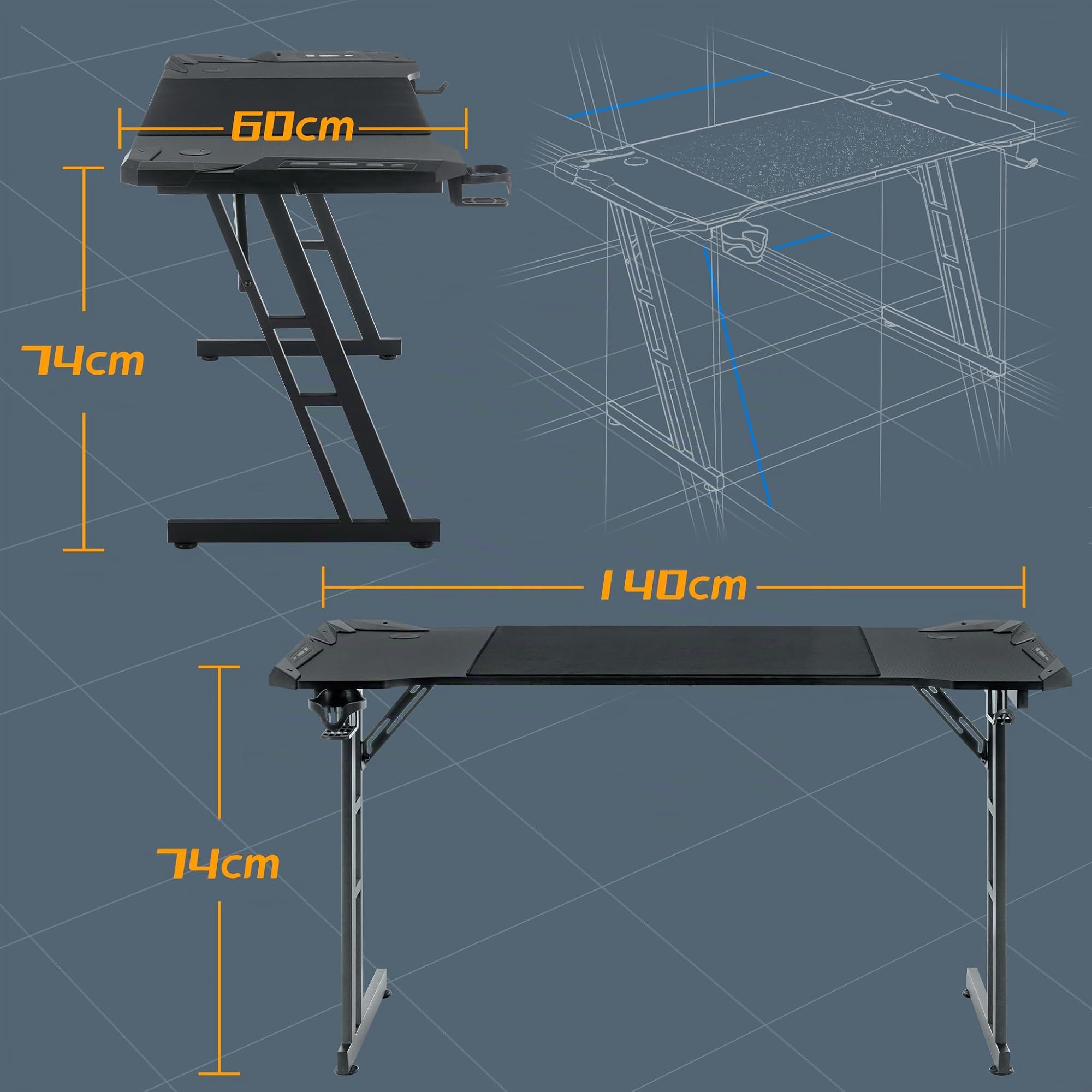 YUENFONG Tavolo da Gaming 140 x 60 cm, Scrivania per PC con Superficie in Fibra di Carbonio, Tavolo da Computer incluso Gancio per Cuffie e Portabicchieri, Nero con LED