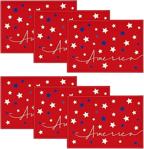 Miniatura 8 de Artoid Mode Juego de 8 manteles individuales para mesa de comedor, 12 x 18 pulgadas, diseño de estrellas rojas y azules de Estados Unidos para el 4