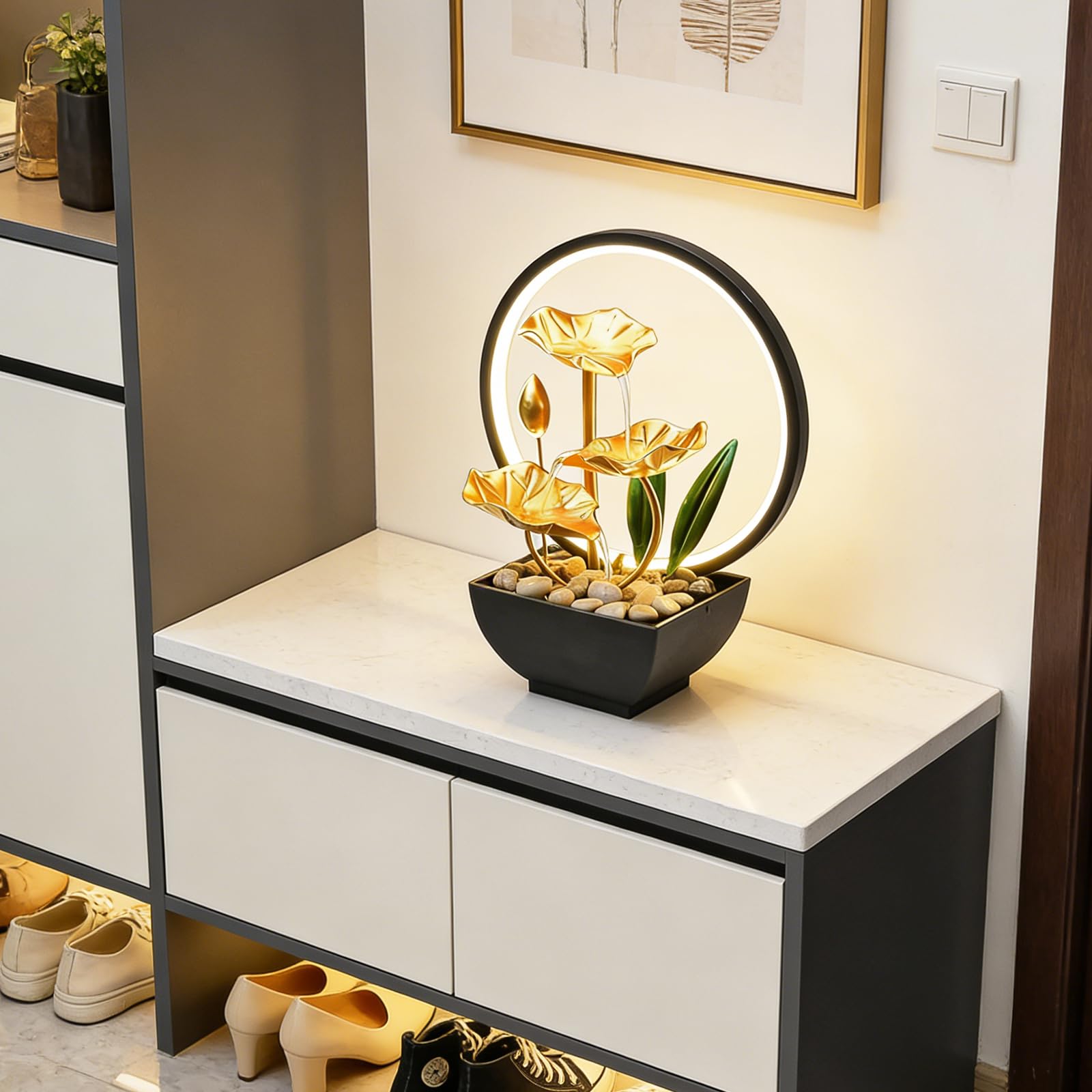Fontaine d'intérieur, cascade, de table, avec éclairage LED, décoration moderne zen avec pompe silencieuse, 3 niveaux, mini cascade, petite pour maison, bureau, salon, jardin