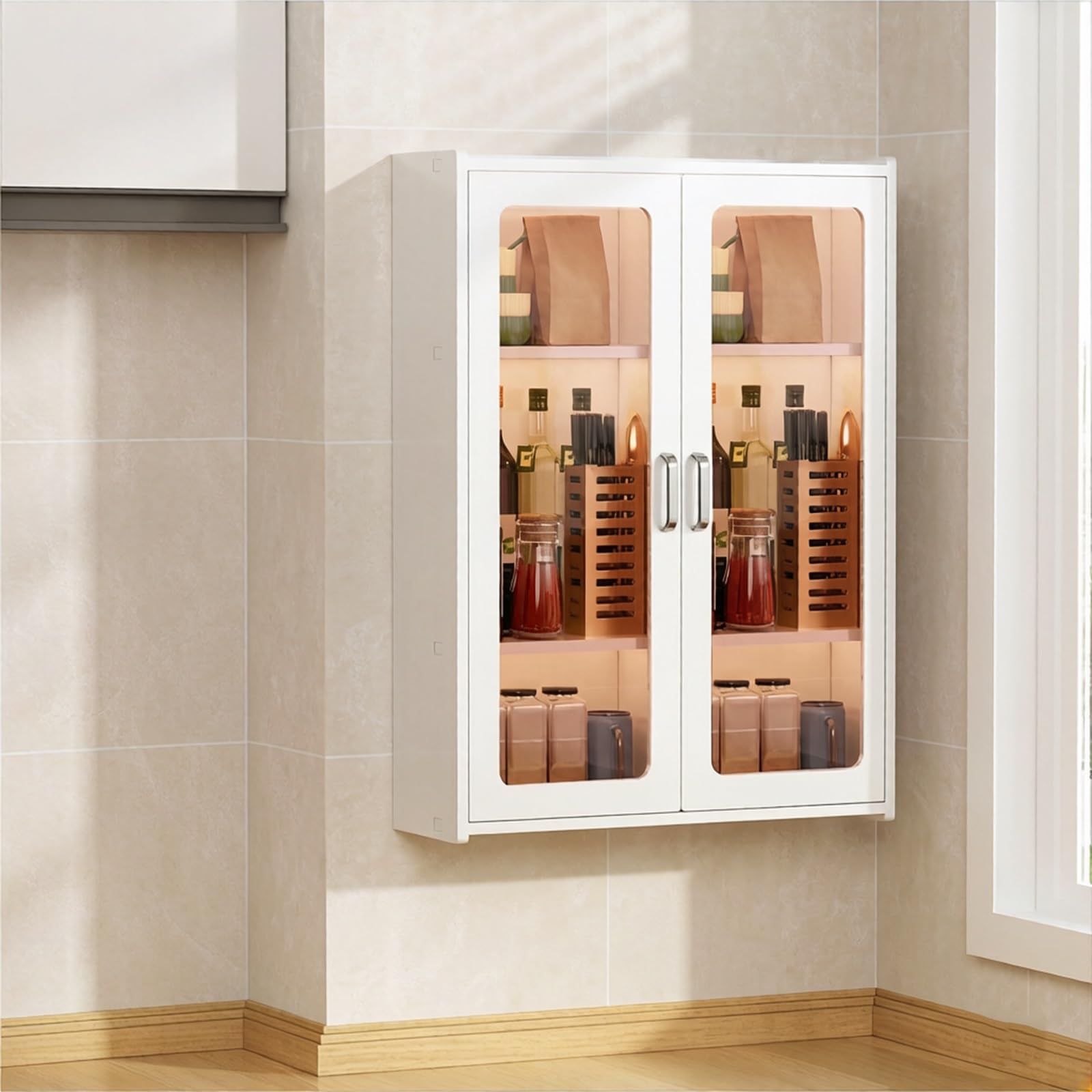 Gabinete de pared con puertas acrílicas estriadas y acabados minimalistas premium