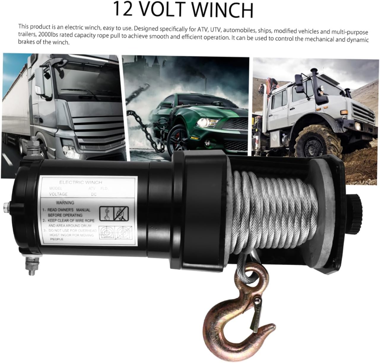 Unomor 12V Electric Winch 2000Lb for-Road Vehicles Heavy Duty Trailer Winch with Synthetic Rope for SUV and Crawler Trucks Self-Recovery Towing Kit