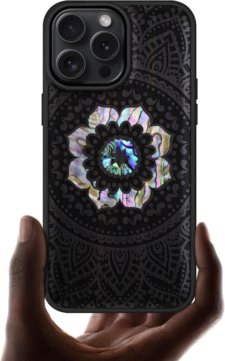 Carveit Magnetic Case for iPhone 16 Pro Max Case, Wood Artisan Engraved & Handmade Shell Inlaid, TPU Shockproof Cover, Compatible with MagSafe Wireless Chargers (Mandala Pattern) Blackwood
